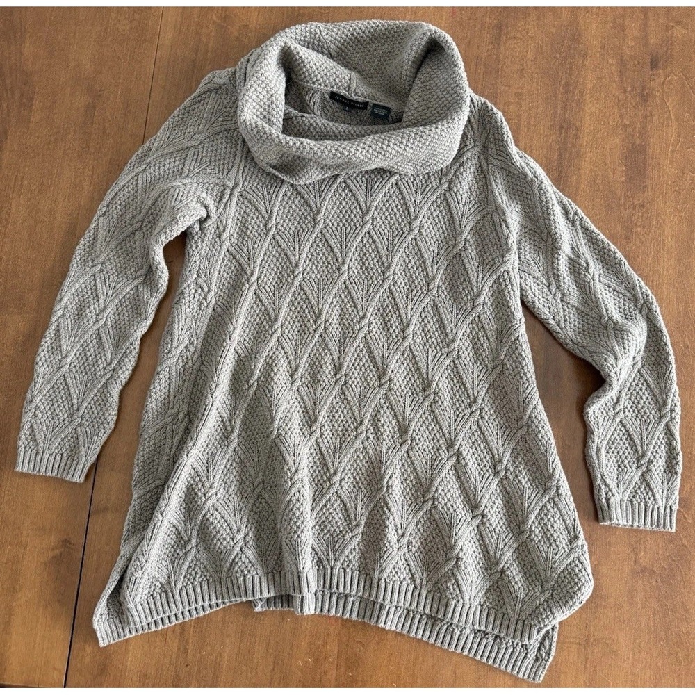 Jeanne Pierre Womens L Cable Knit Tunic Sweater Cowl Neck Taupe Brown Pullover